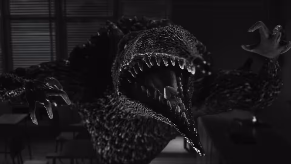 A giant reptilian creature lunges forward with jaws open and claws raised inside a room