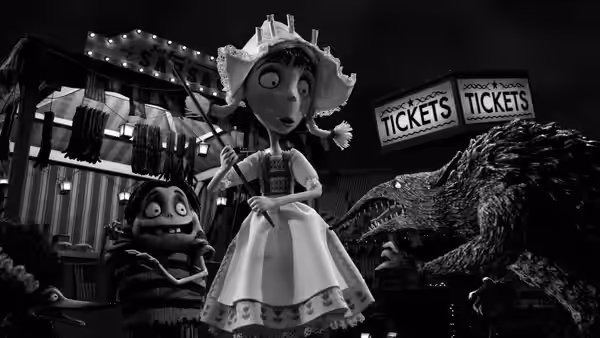 Elsa Van Helsing stands in a fairground costume as a giant reptile approaches