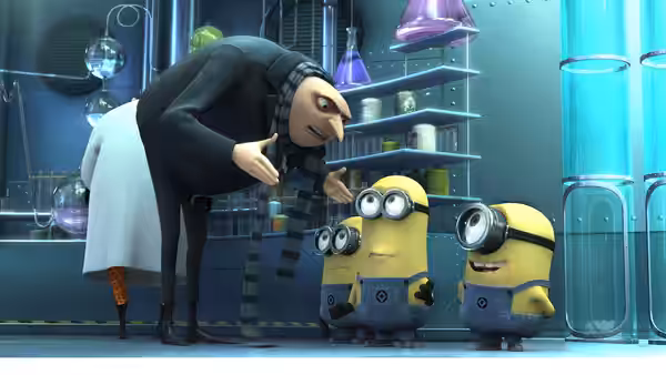 Gru (Steve Carell) bends toward Minions in his laboratory