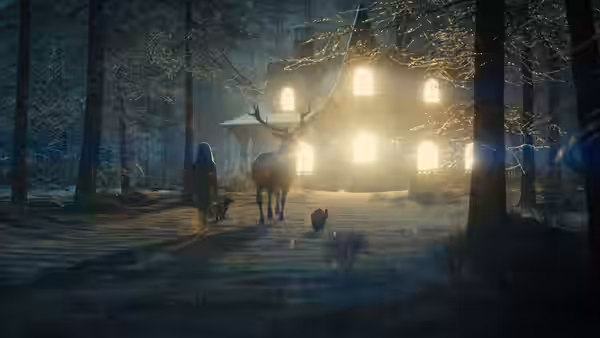 A person and stag approach a glowing house in a snowy forest