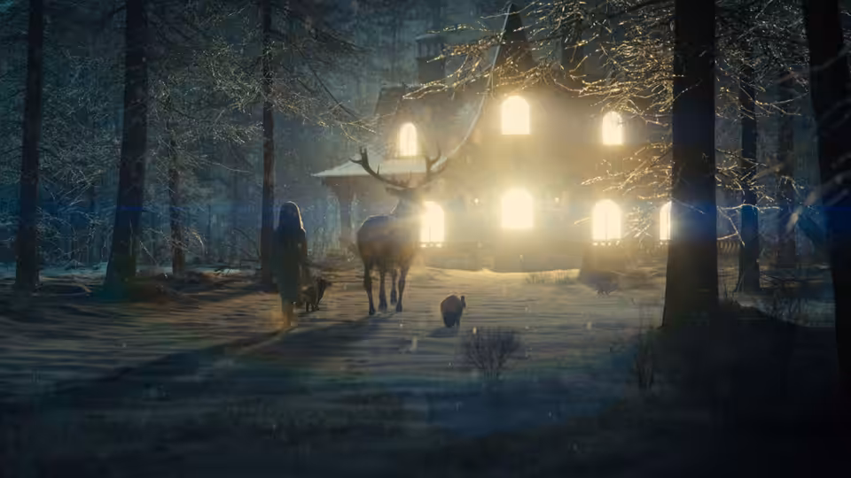 A person and stag approach a glowing house in a snowy forest