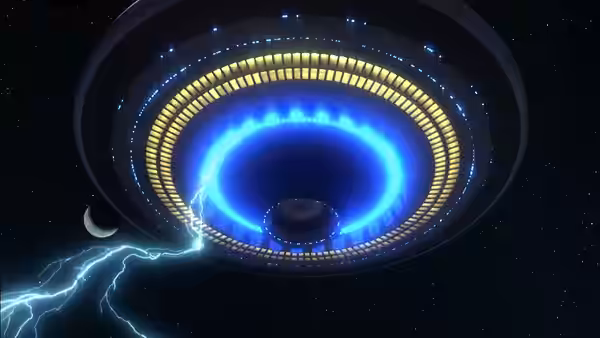 A circular spacecraft glows with blue energy against a starry sky