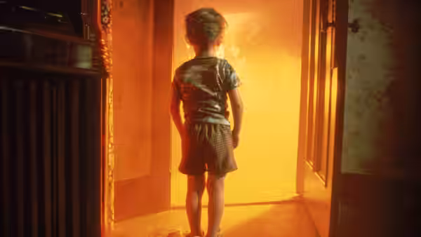 A young boy standing in a doorway facing a bright orange glow