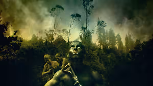 shirtless figure with body paint holding a rifle in a forest