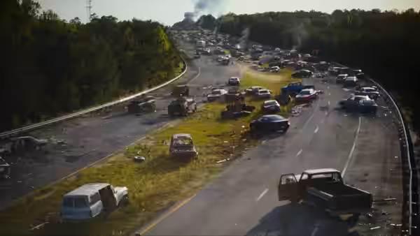 Wrecked cars and abandoned vehicles lining a damaged multi-lane highway