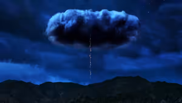 A dark cloud hangs over the hills as a thin trail descends beneath it