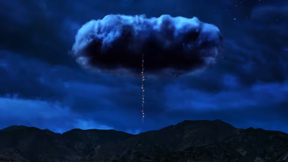A dark cloud hangs over the hills as a thin trail descends beneath it
