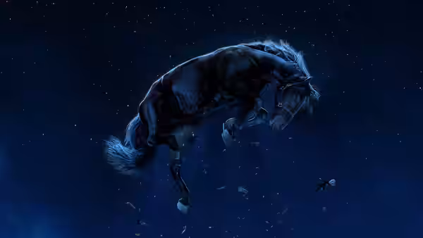 A horse drifts upside down among scattered debris beneath a starry sky