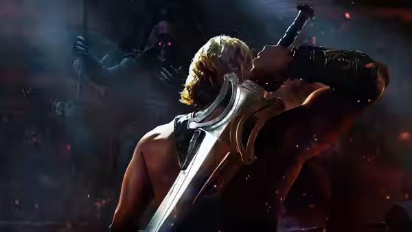 Blond man grips sword facing skeletal figure with red eyes in shadows