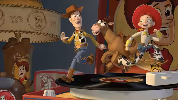 Woody (Tom Hanks), Jessie (Joan Cusack) and Bullseye dancing on a record player
