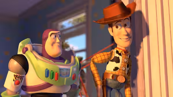 Buzz Lightyear (Tim Allen) and Woody (Tom Hanks) standing together near a window