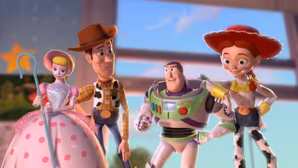 Bo Peep (Annie Potts), Woody (Tom Hanks), Buzz Lightyear (Tim Allen) and Jessie (Joan Cusack) standing together outdoors