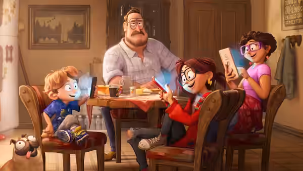 Rick, Linda, Katie, and Aaron gather around the kitchen table, sharing food and devices