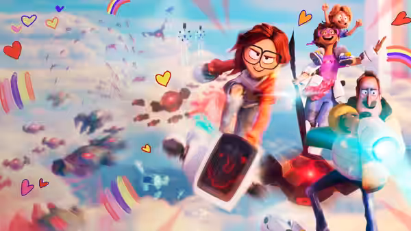 Katie and Linda leap through the air amid flying robots, hearts, and colorful doodles