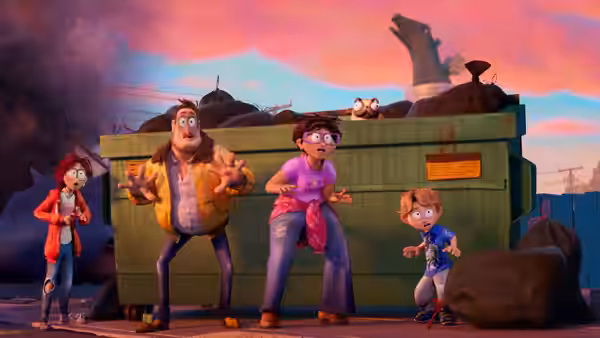 Katie, Rick, Linda, and Aaron stand startled beside a dumpster as a dinosaur rises behind it