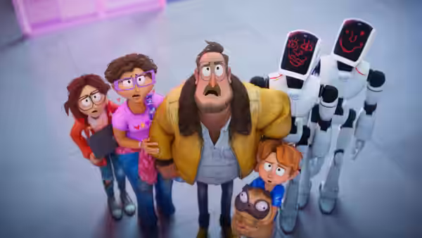 The Mitchell family and their pug look upward as two robots loom behind them