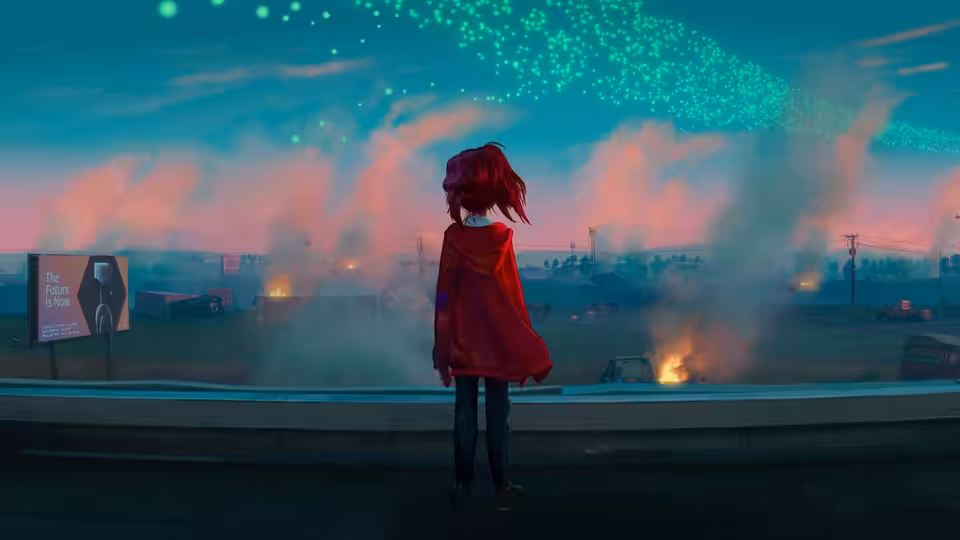 Katie Mitchell stands on a roadside barrier, watching smoke and fire beneath a glowing sky