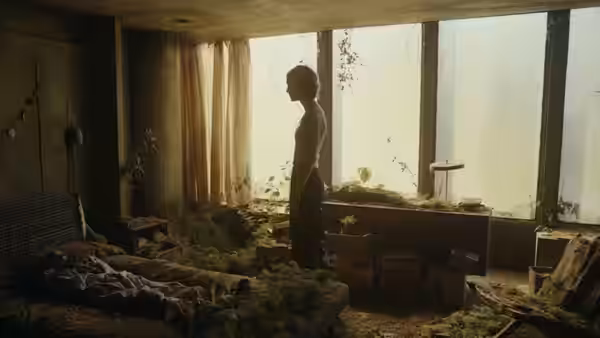 Shirtless man stands in an overgrown abandoned room filled with plants