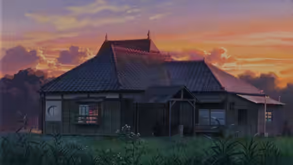 A wooden house with glowing windows under an orange sunset sky