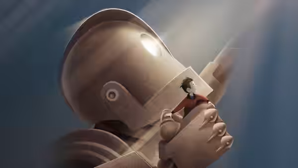 Hogarth sitting on the Iron Giant's hand and looking at its face