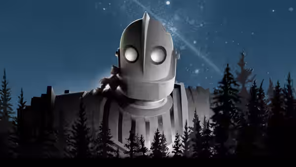 Hogarth sitting on the Iron Giant's shoulder above a forest at night