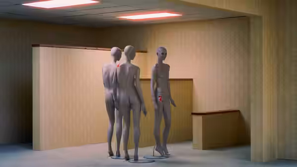 three humanoid figures standing in a yellow room with wooden panels