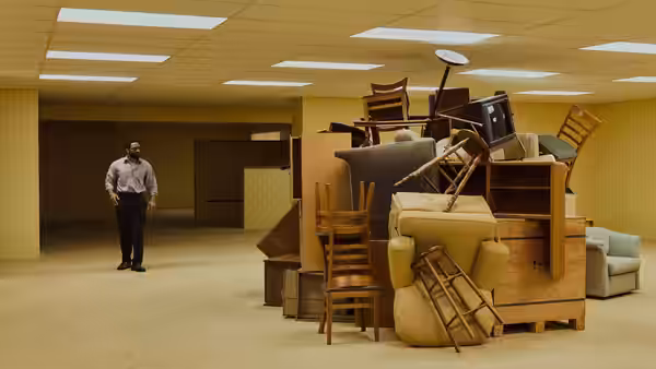 Clark (Chiwetel Ejiofor) standing before a large pile of furniture