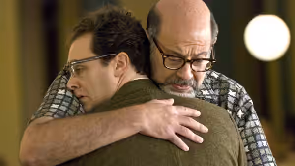 Larry Gopnik (Michael Stuhlbarg) and Sy Ableman (Fred Melamed) sharing an embrace