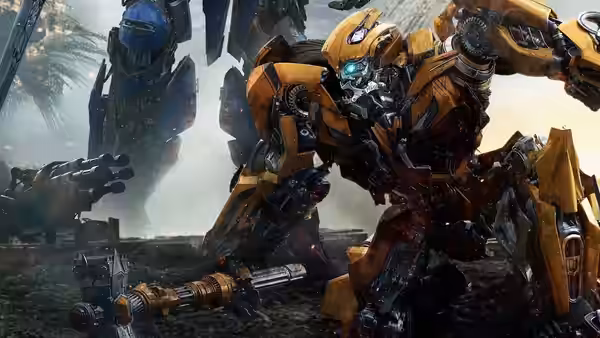 Bumblebee faces a towering blue robot on a smoky battlefield