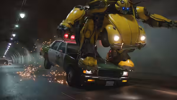 Bumblebee rides atop a police car as it speeds through a tunnel