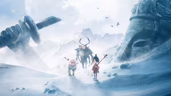 Kubo with two companions walking through snowy mountains near stone ruins
