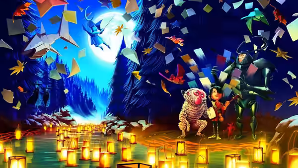Kubo with Monkey and Beetle amid lanterns confetti and flying figures at night