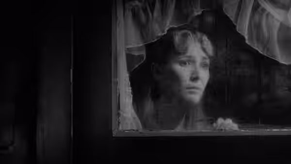 a woman peering through a shattered window from darkness