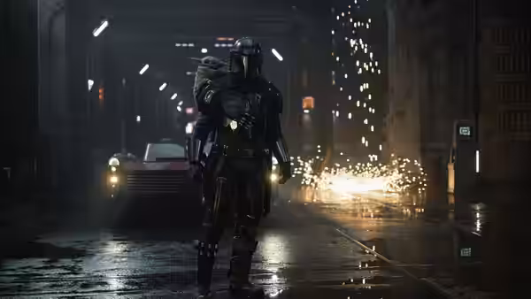 The Mandalorian walking through a wet corridor with sparks flying around