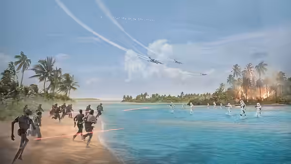 Rebel fighters charging across sand toward stormtroopers emerging from the sea