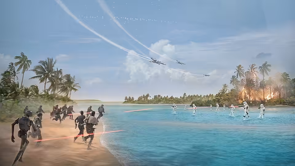 Rebel fighters charging across sand toward stormtroopers emerging from the sea