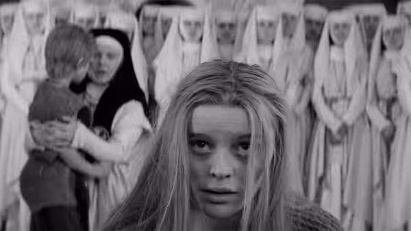 Marketa Lazarová (Magdaléna Vášáryová) faces forward as nuns gather behind her