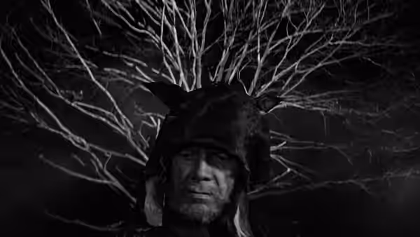 A hooded man stands beneath the bare branches of a tree