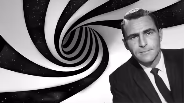 Rod Serling beside a large black and white swirling spiral tunnel