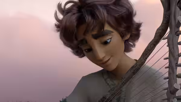 Young man with brown hair plays wooden harp against soft pink sky