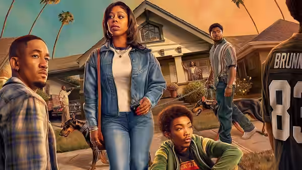 A woman in a denim jacket stands with others on a neighborhood sidewalk