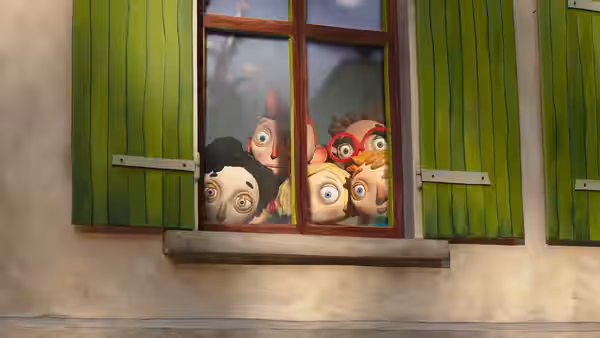 Children peering out from an open window with green shutters