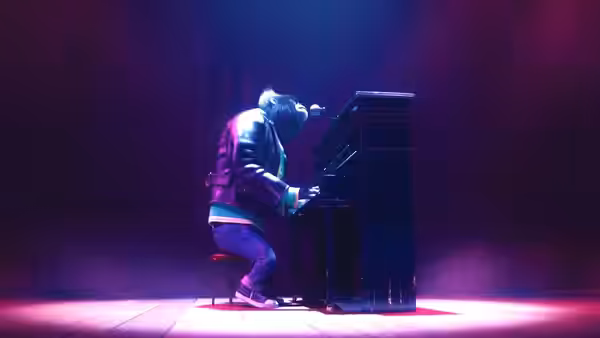 A gorilla in a leather jacket playing a piano under purple stage lights
