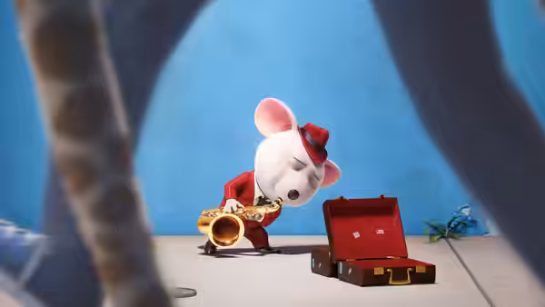 Mike (Seth MacFarlane) playing a saxophone beside an open briefcase on a sidewalk
