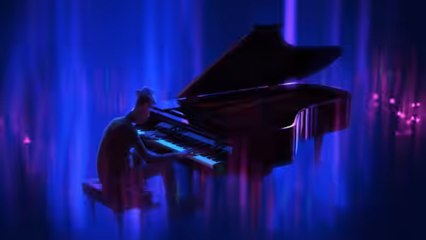 Joe Gardner (Jamie Foxx) playing a grand piano under purple stage lights