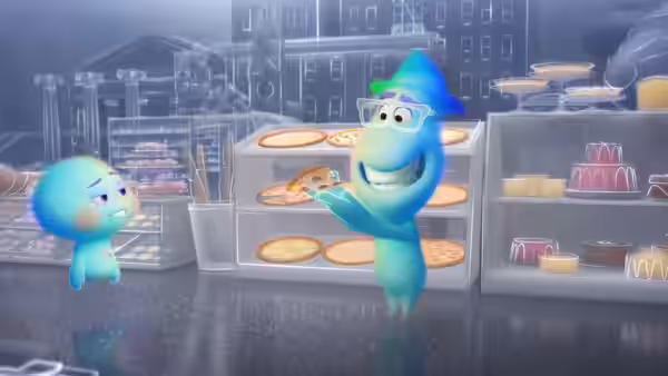 Two blue figures standing inside a bakery filled with pizzas and cakes