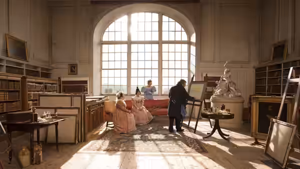 A painter works at an easel while visitors sit in a sunlit library