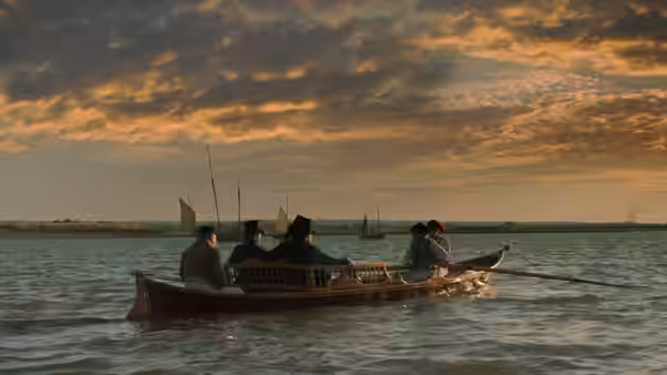 Several passengers row across a broad river beneath a dramatic sunset sky