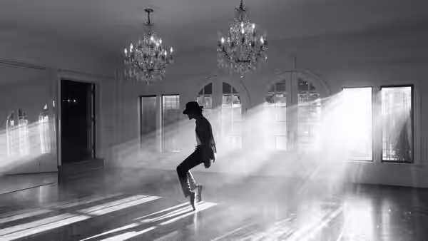 Michael (Jaafar Jackson) dancing in a sunlit hall with chandeliers