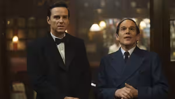 Lorenz Hart (Ethan Hawke) standing beside Richard Rodgers (Andrew Scott) indoors